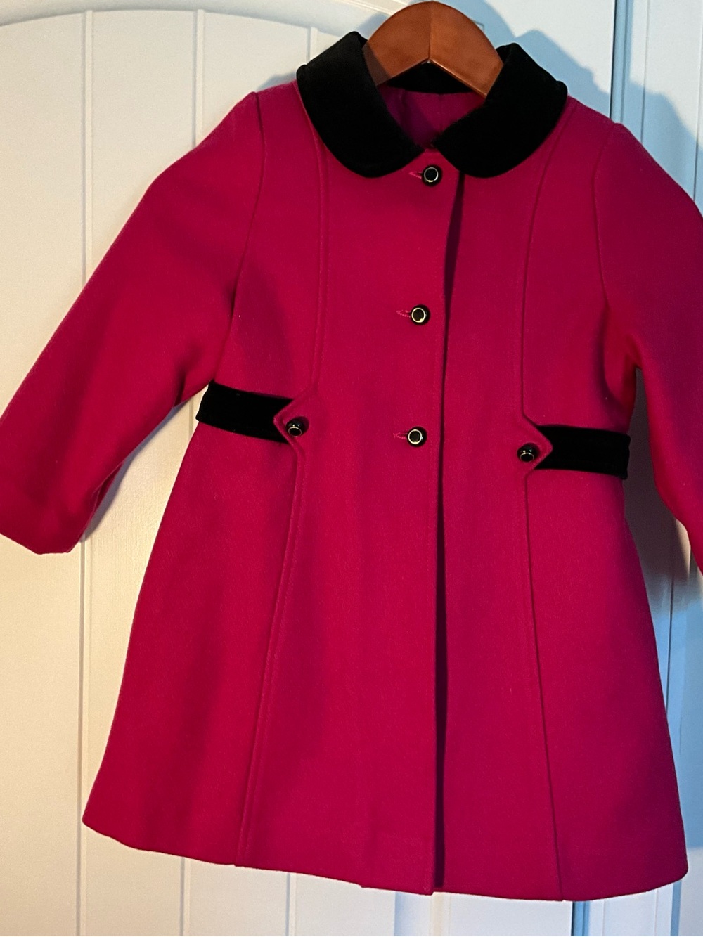 Girls' Hot Pink Wool-Blend Pea Coat with Black Trim